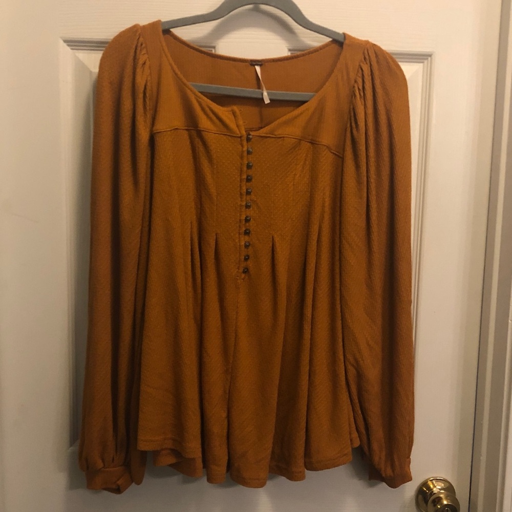 Free People Mustard Long-Sleeve Button-Front Peasant Blouse
